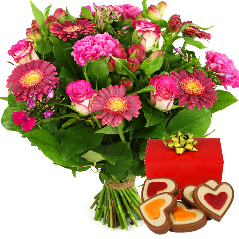 Roze bloemen met hartjes chocolade bestellen