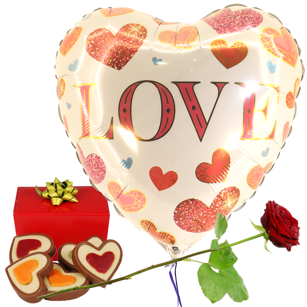 Love ballon wit met harten hartjes chocolade verse rode roos