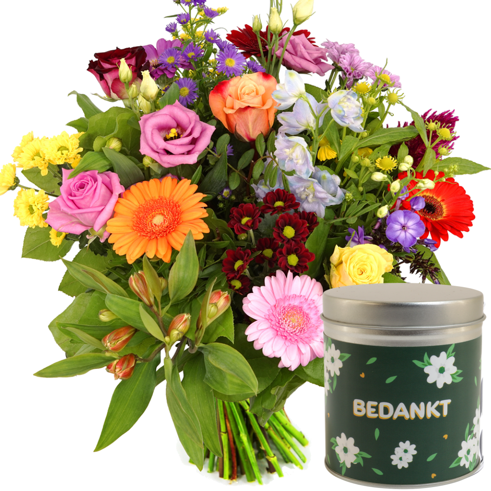 Bont boeket bedankt bloemen + snoep blikje bedankt