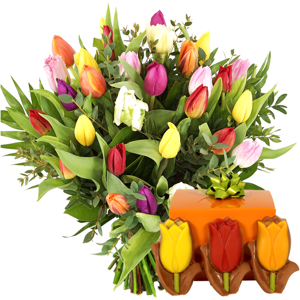 Boeketcadeau Boeket mixed tulpen + 140 gram tulpen chocolade