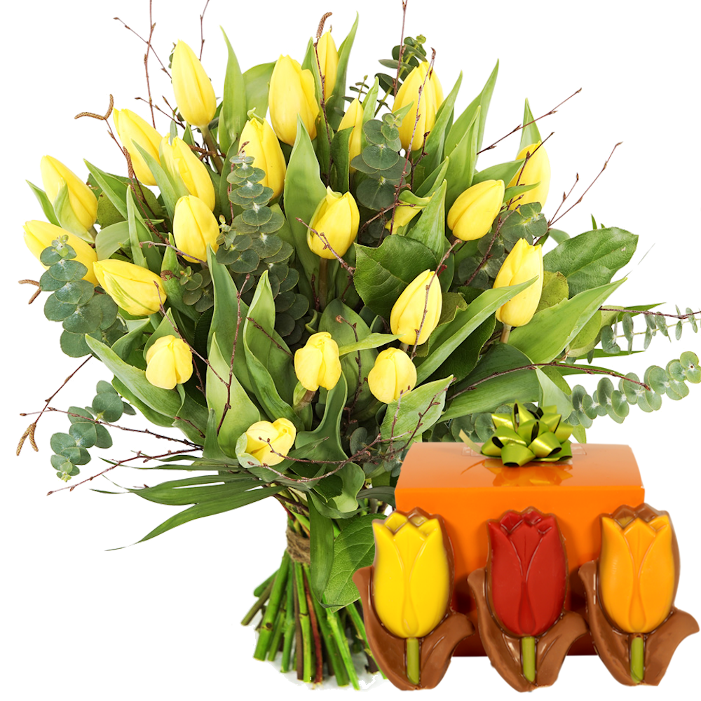 Boeketcadeau Boeket gele tulpen + 140 gram tulpen chocolade