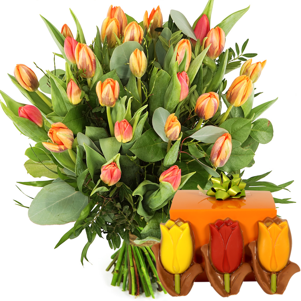 Boeketcadeau Boeket oranje tulpen + 140 gram tulpen chocolade