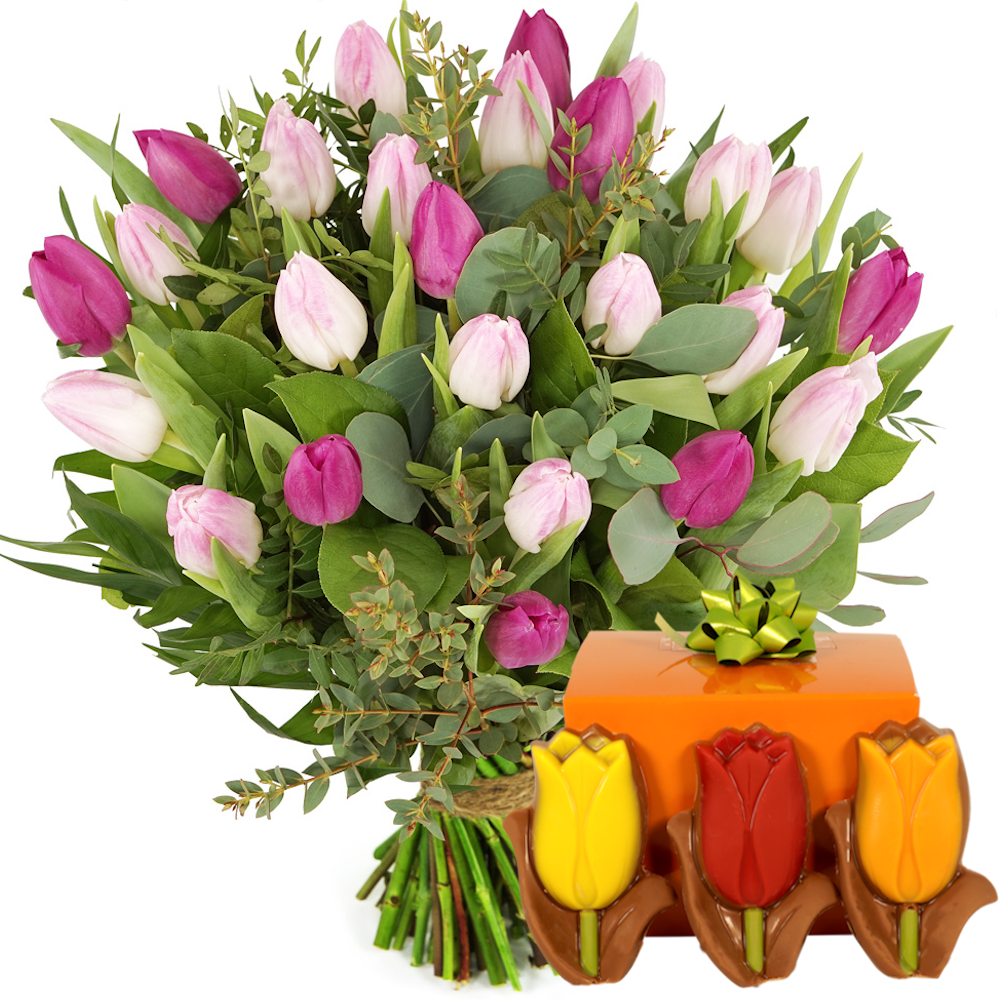 Boeketcadeau Boeket roze tulpen + 140 gram tulpen chocolade