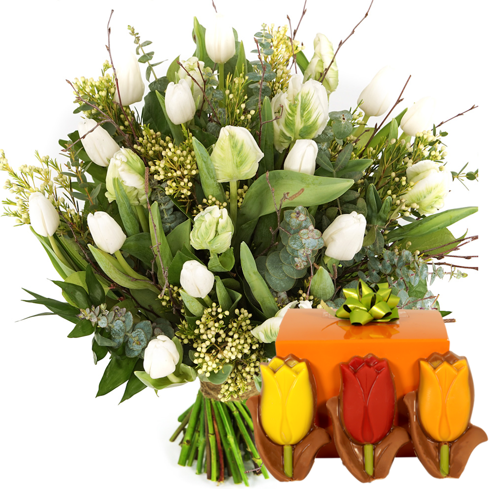 Boeketcadeau Boeket witte tulpen + 140 gram tulpen chocolade