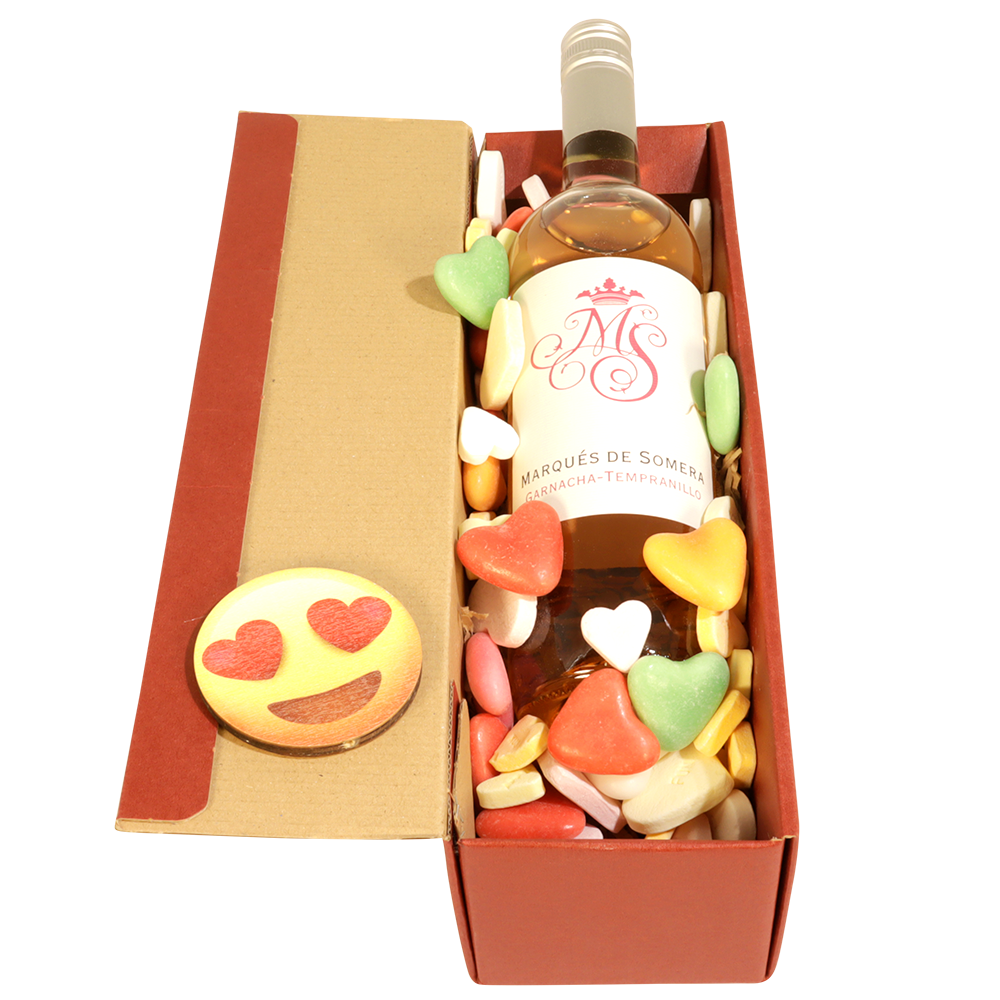 Marqués Tempranillio Rosé wijn in luxe rode geschenkdoos met smiley en gevuld met mixed hartjes snoep