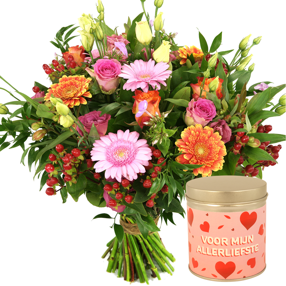 Lief boeket roze oranje + blikje allerliefste met hartjes snoep