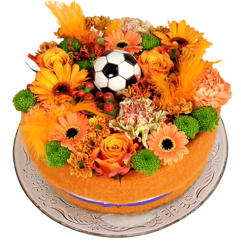 Boeketcadeau Voetbal Bloementaart oranje op een glazen onderbord.