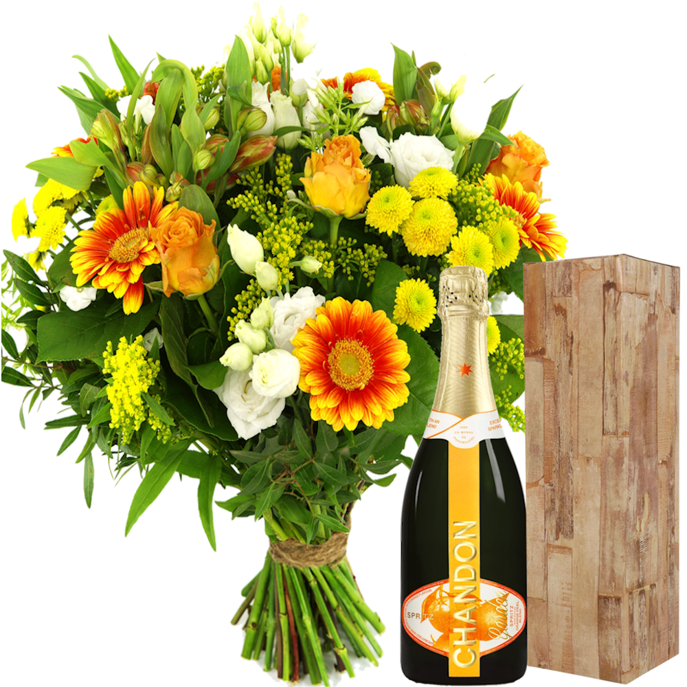 Boeket geel - oranje - wit + Bubbels Chandon Garden Spritz