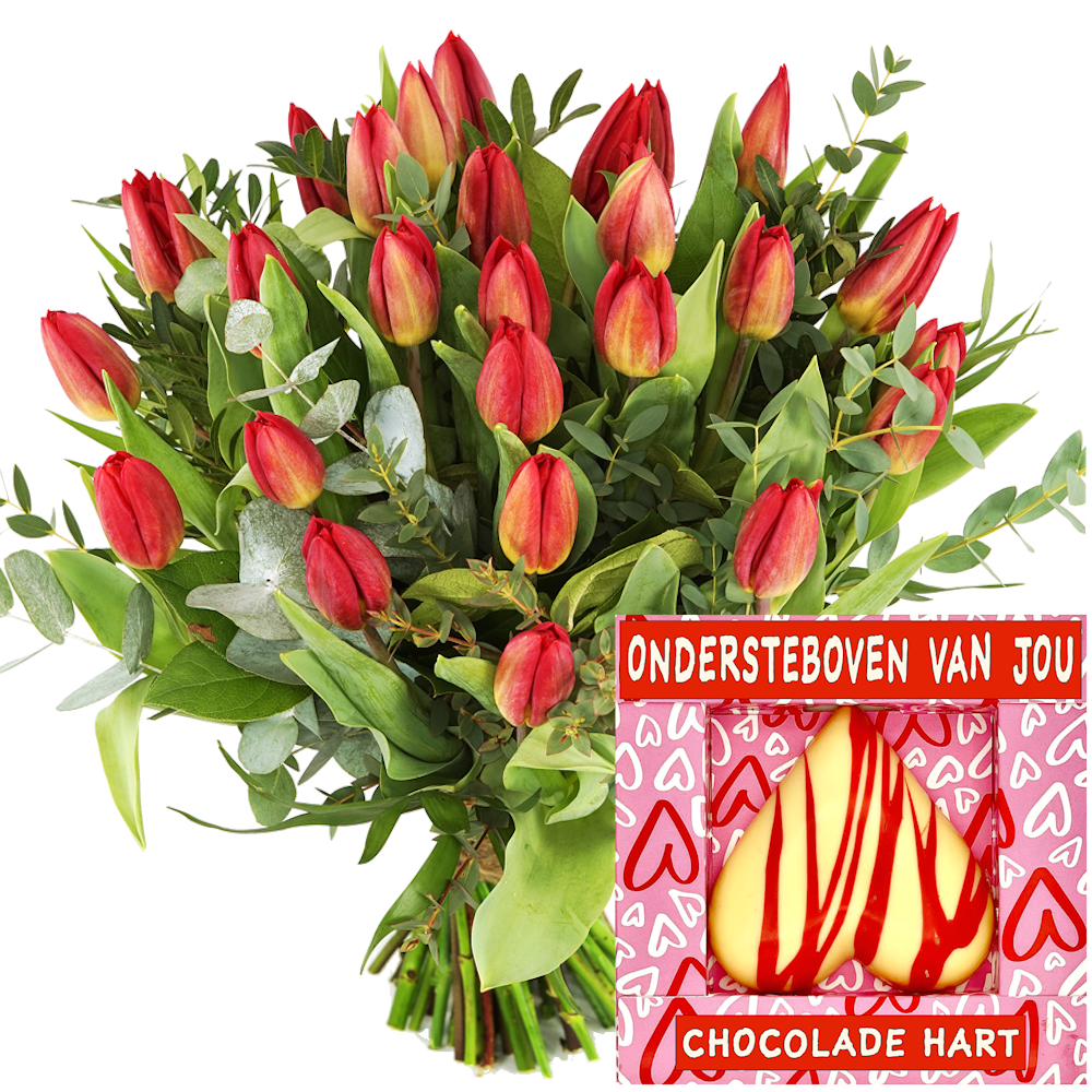 Boeket rode tulpen + chocolade hart ondersteboven van jou