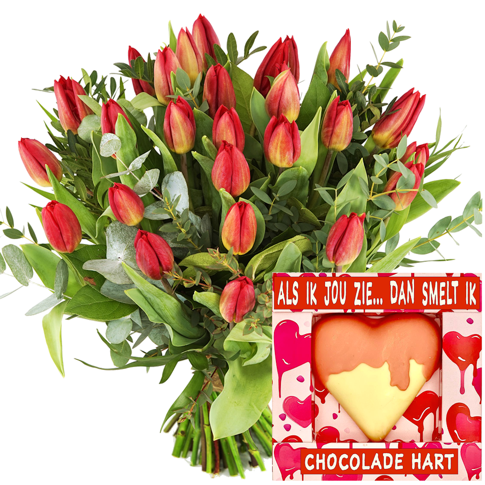 Boeketcadeau Boeket rode tulpen + chocoladehart als ik jou zie dan smelt ik