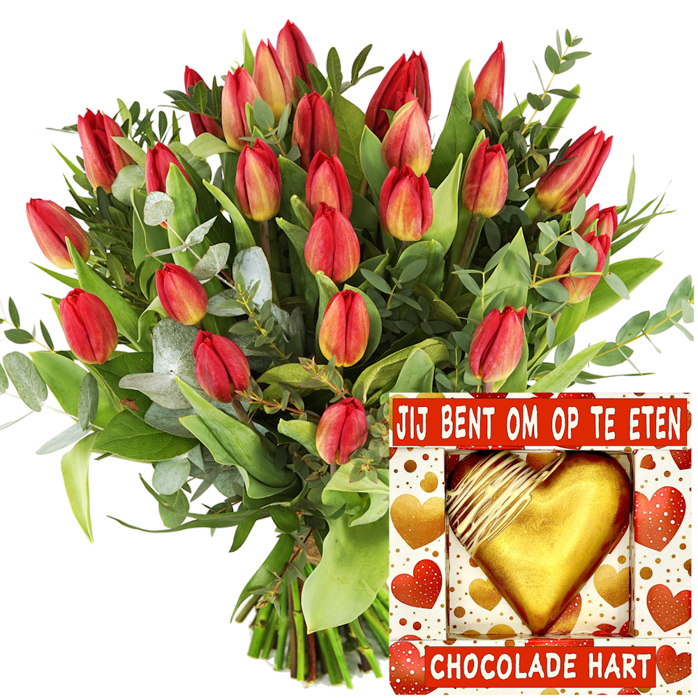 Boeketcadeau Boeket rode tulpen + chocoladehart je bent om op te eten