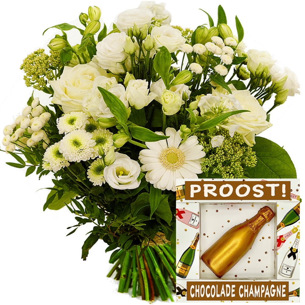 Boeketcadeau Proost boeket springerig wit + geschenkdoos met chocolade champagne fles