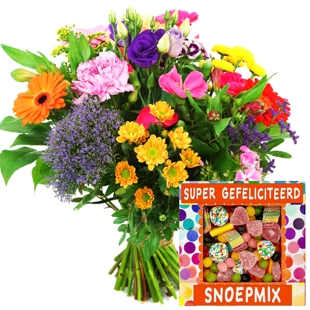 Gefeliciteerd boeket kleurrijk bont + Super gefeliciteerd snoepmix