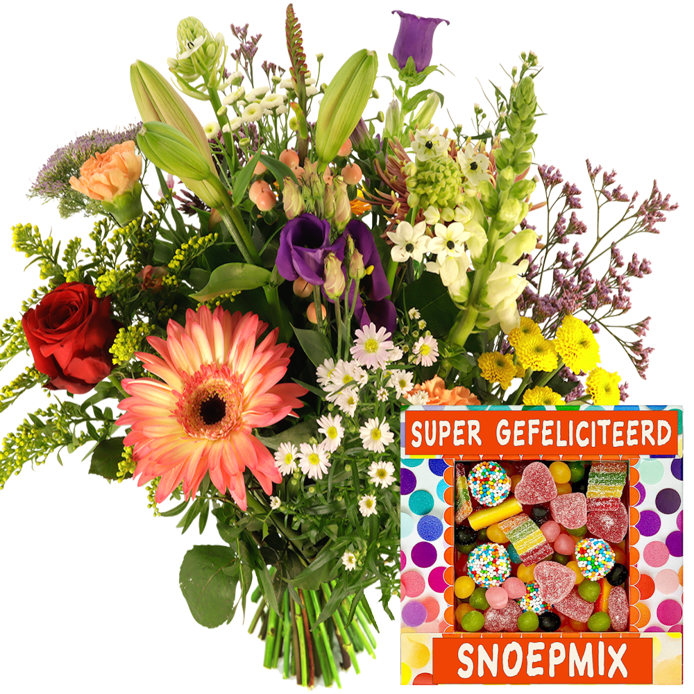 Boeketcadeau Veldgeplukt bont seizoens boeket + Super gefeliciteerd snoepmix